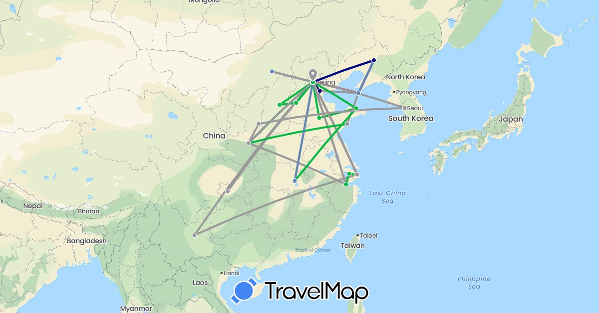 TravelMap itinerary: driving, bus, plane, cycling, hiking in China, South Korea (Asia)